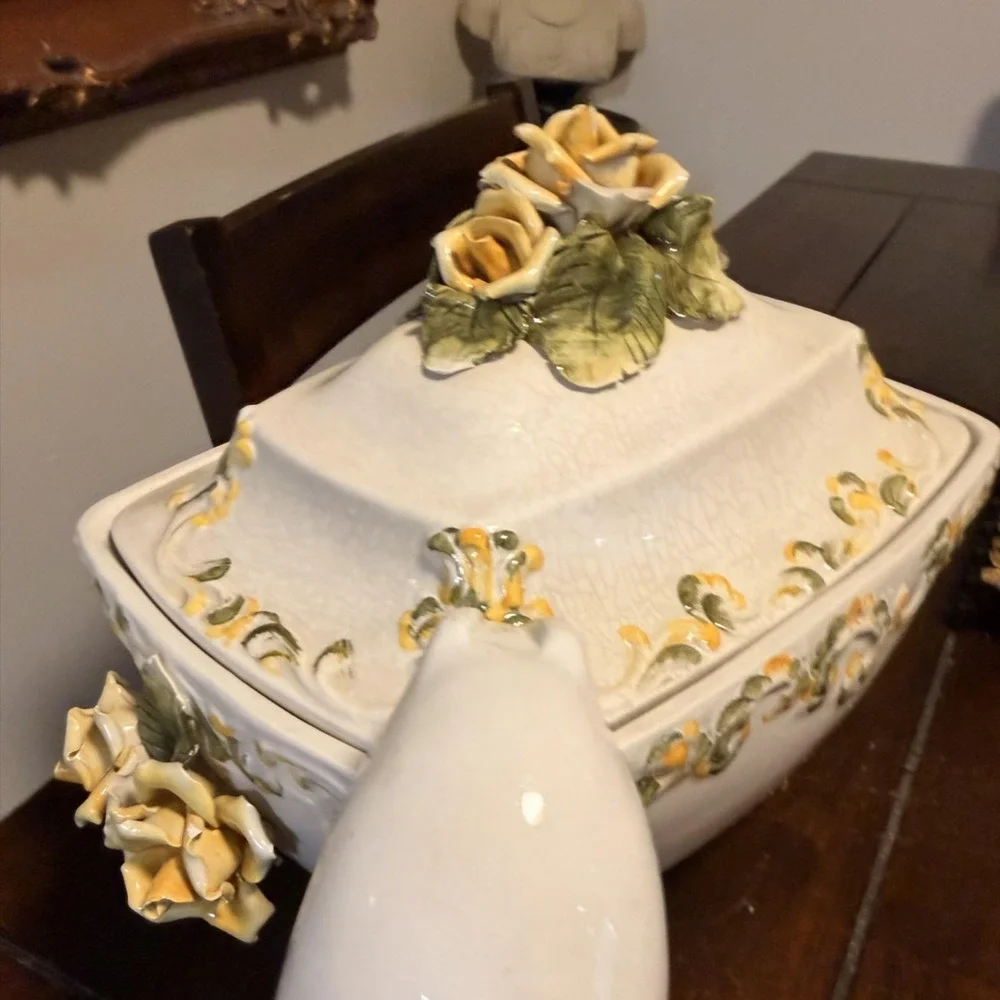 Ornate Ceramic Floral Soup Tureen Bowl With Lid Ladle Yellow Rose Rococo 10x13